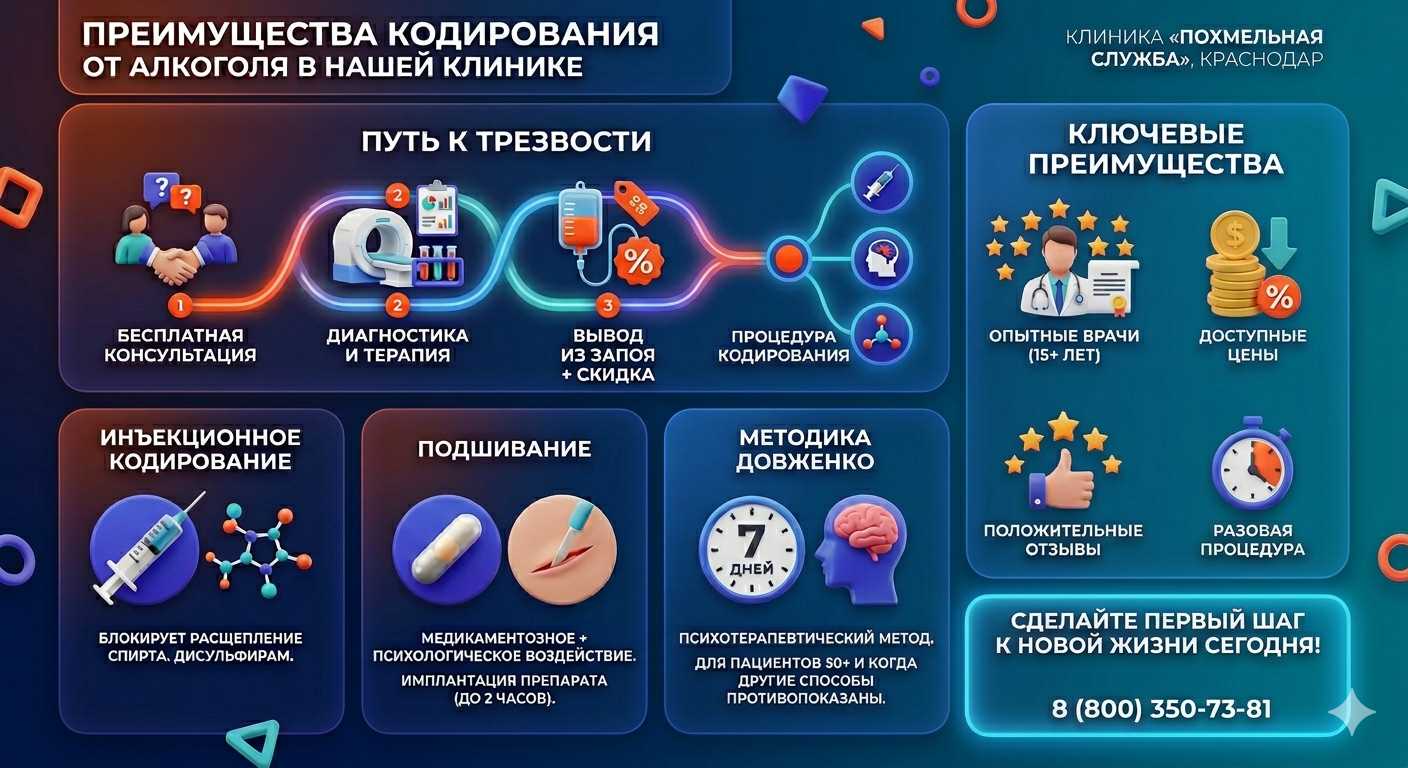 Инфографика о методах кодирования от алкоголя в Копейске: инъекции, подшивание, метод Довженко. Преимущества клиники и этапы лечения.
